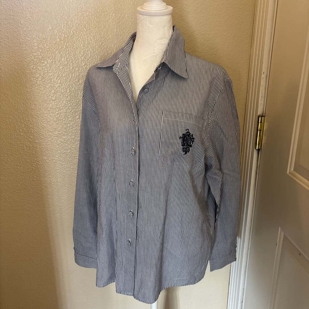 Vintage 90s Claudia Richard Blouse Woman L, Navy Blue and White Striped